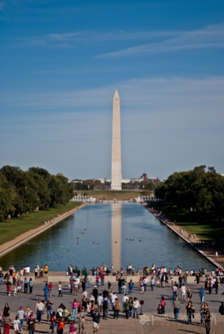 The Washington Monument is reflected in the Reflecting Pool in Washington, DC.